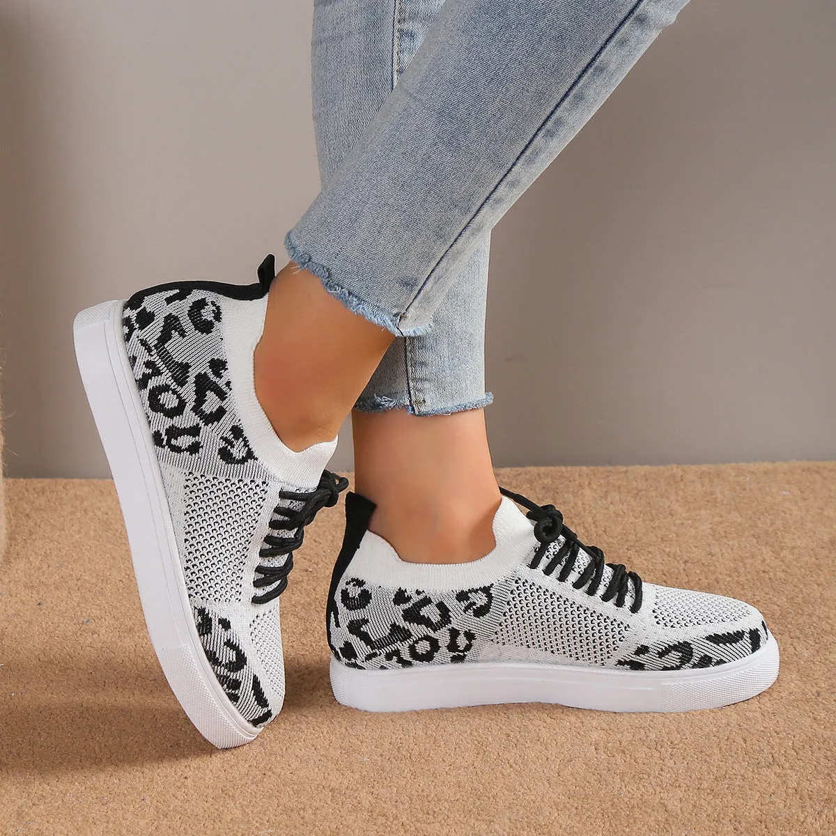 Hazel Blues® |  Lace-Up Leopard Flat Sneakers