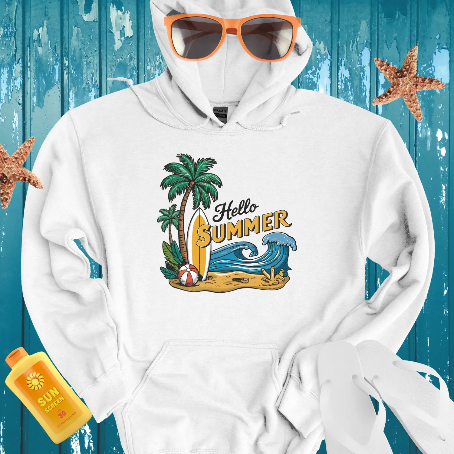 Hello Summer Hoodie Vibrant Surf Scene Beach Vibes