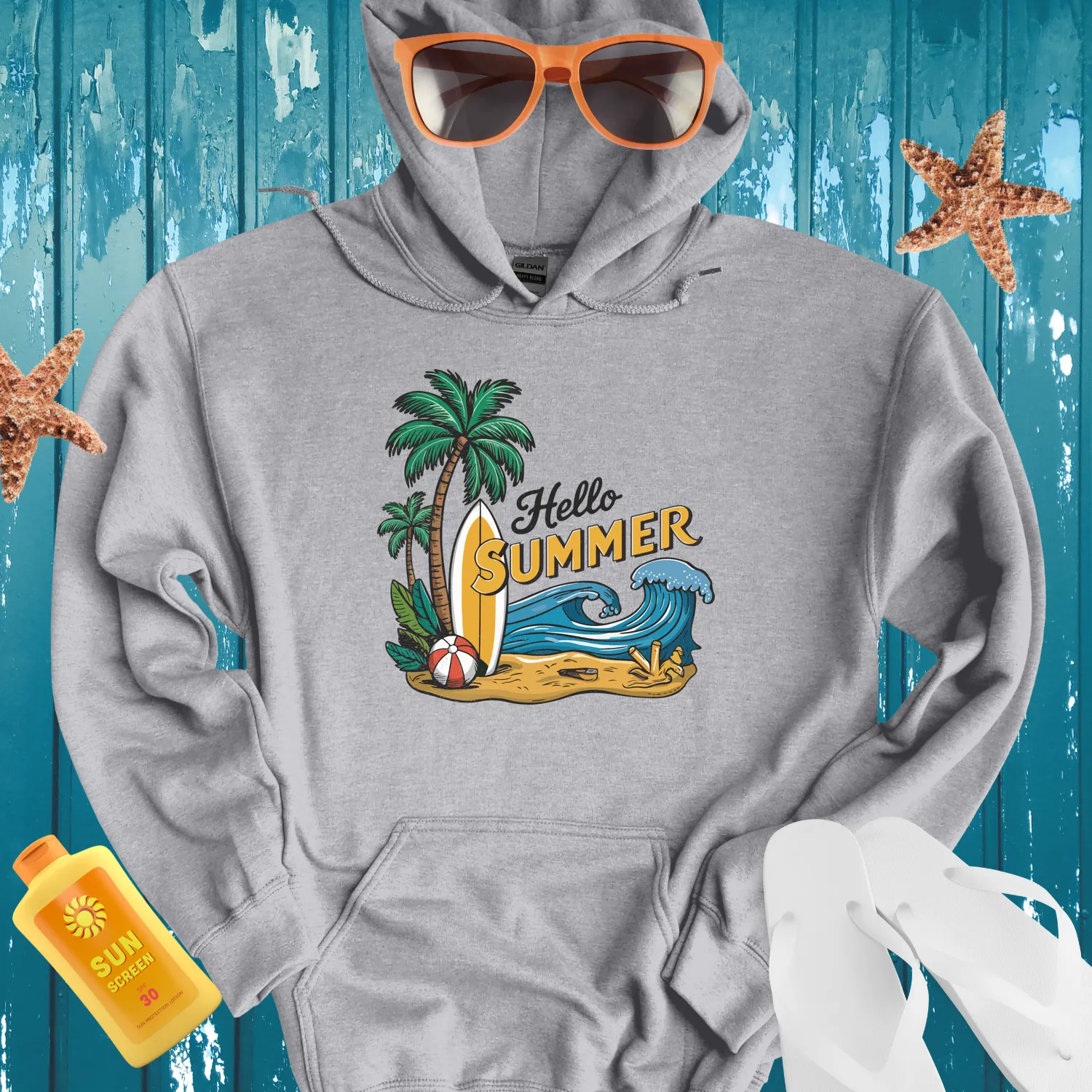 Hello Summer Hoodie Vibrant Surf Scene Beach Vibes