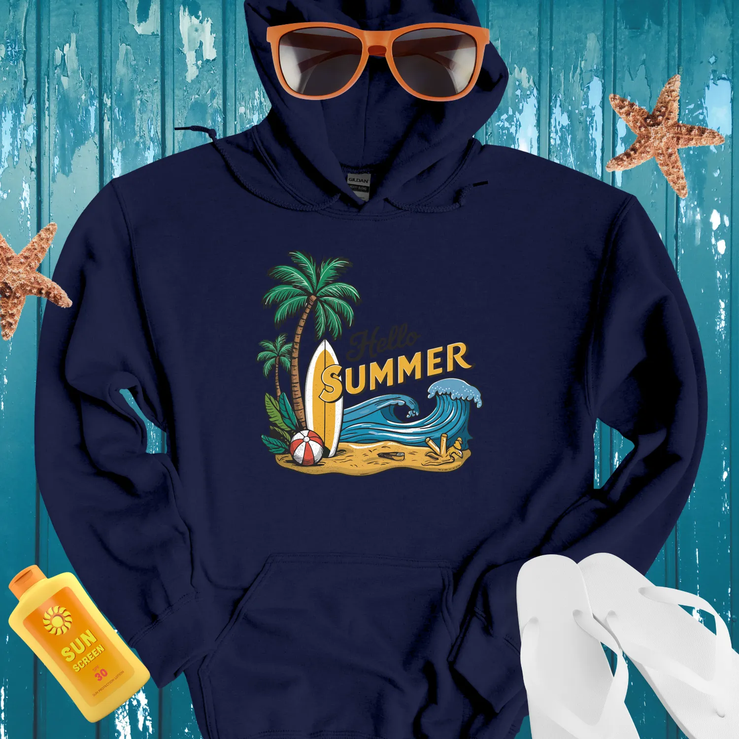 Hello Summer Hoodie Vibrant Surf Scene Beach Vibes