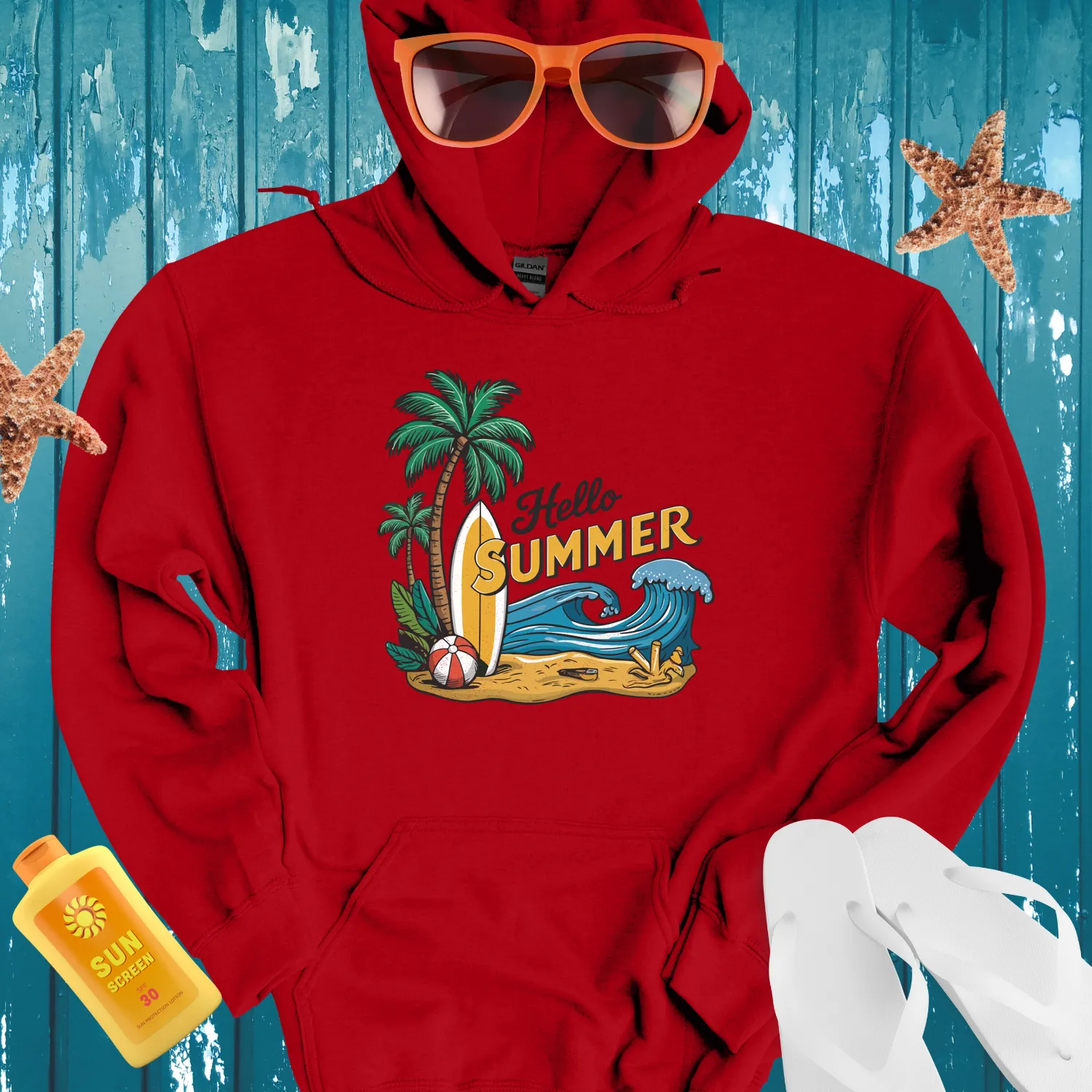Hello Summer Hoodie Vibrant Surf Scene Beach Vibes