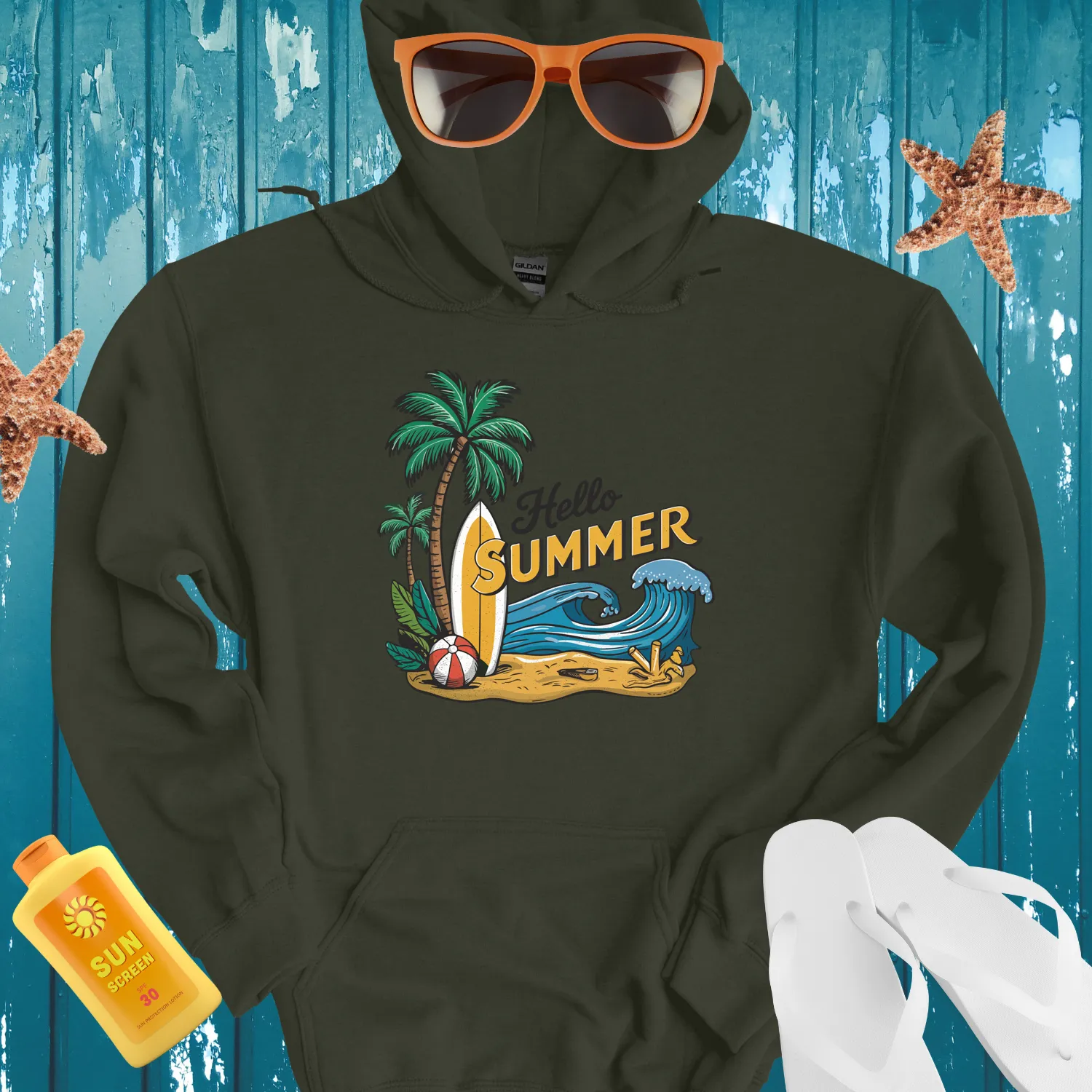 Hello Summer Hoodie Vibrant Surf Scene Beach Vibes