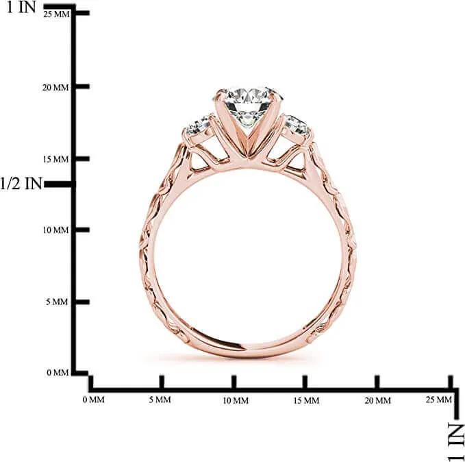 JewelMore 0.5 Ct. Halo Round Cut Classic Three-Stone Diamond Engagement Ring For Women | 4 Prong 14K Solid Gold | 1/2 ctw Genuine Diamond Wedding Jewelry Collection