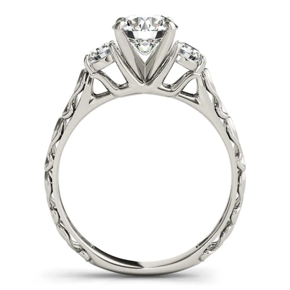 JewelMore 0.5 Ct. Halo Round Cut Classic Three-Stone Diamond Engagement Ring For Women | 4 Prong 14K Solid Gold | 1/2 ctw Genuine Diamond Wedding Jewelry Collection