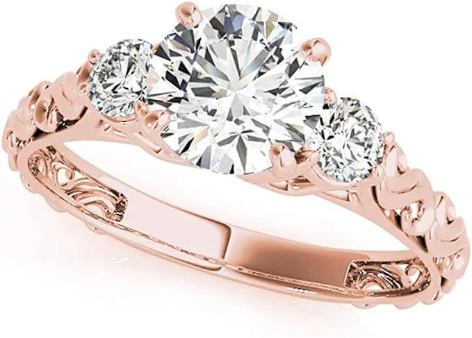 JewelMore 0.5 Ct. Halo Round Cut Classic Three-Stone Diamond Engagement Ring For Women | 4 Prong 14K Solid Gold | 1/2 ctw Genuine Diamond Wedding Jewelry Collection
