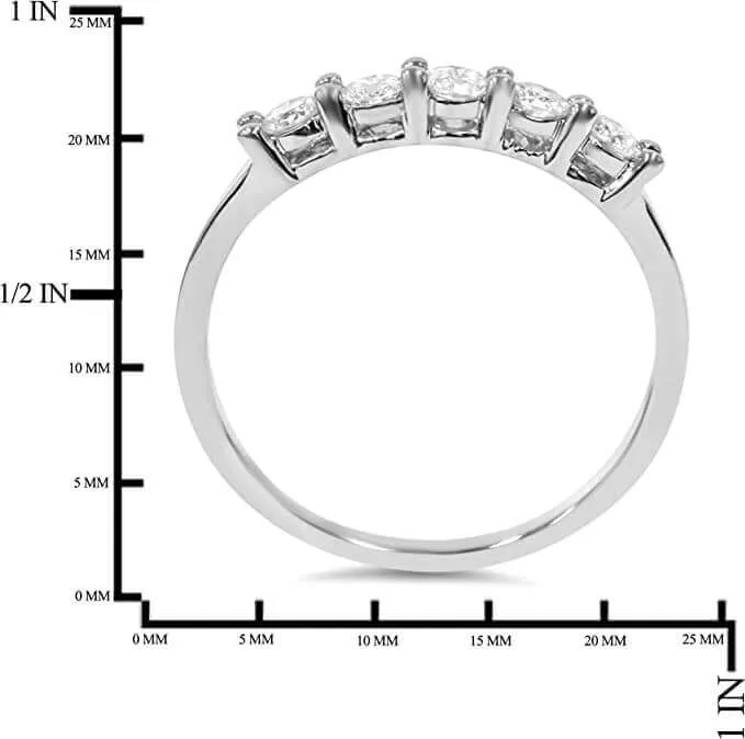JewelMore 1 Carat (ctw) 14K White Gold Round Diamond Ladies 5 Five Stone Wedding Anniversary Stackable Ring Band