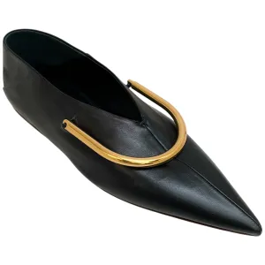 Jil Sander Black Leather Ballerina Flats with Gold Metal Detail