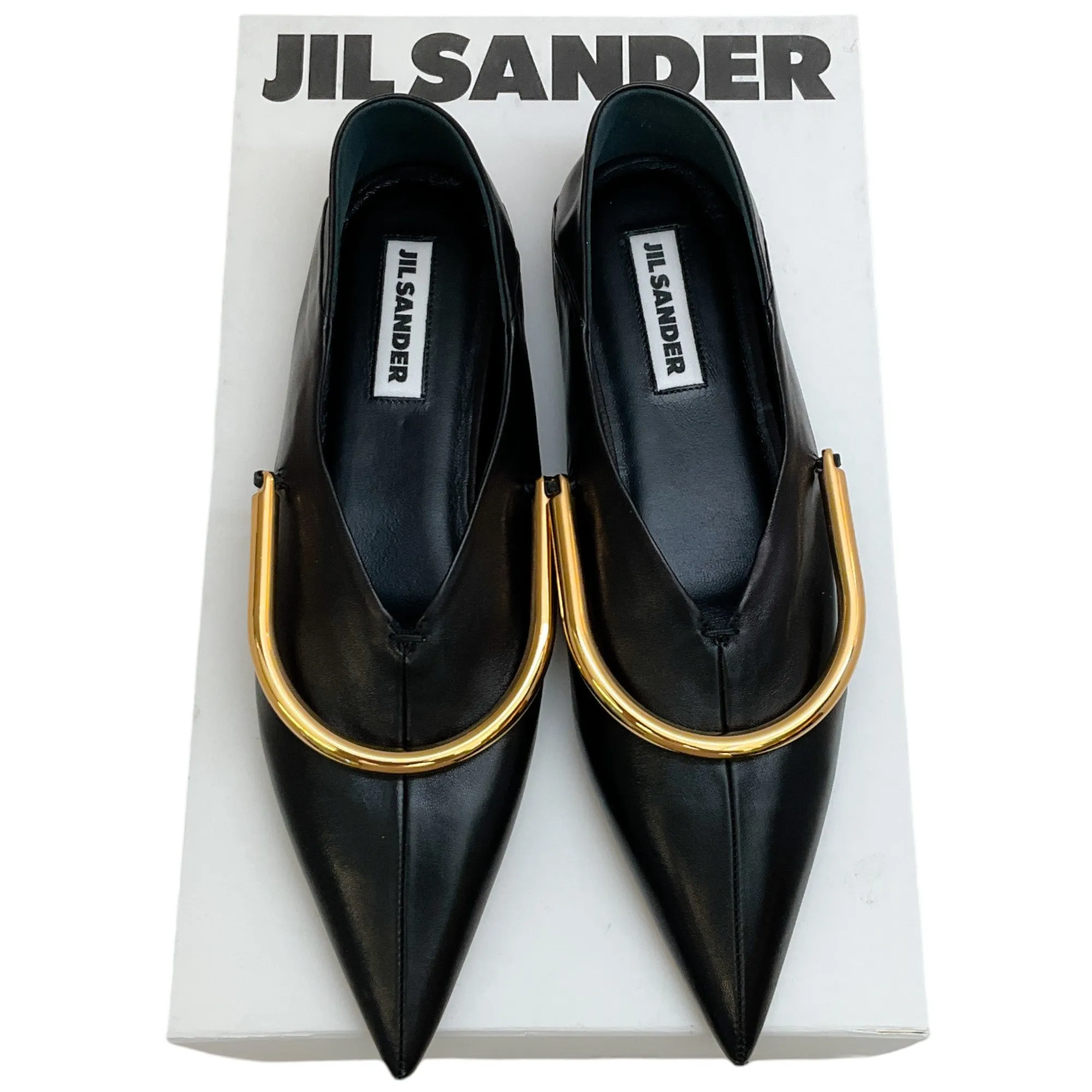 Jil Sander Black Leather Ballerina Flats with Gold Metal Detail