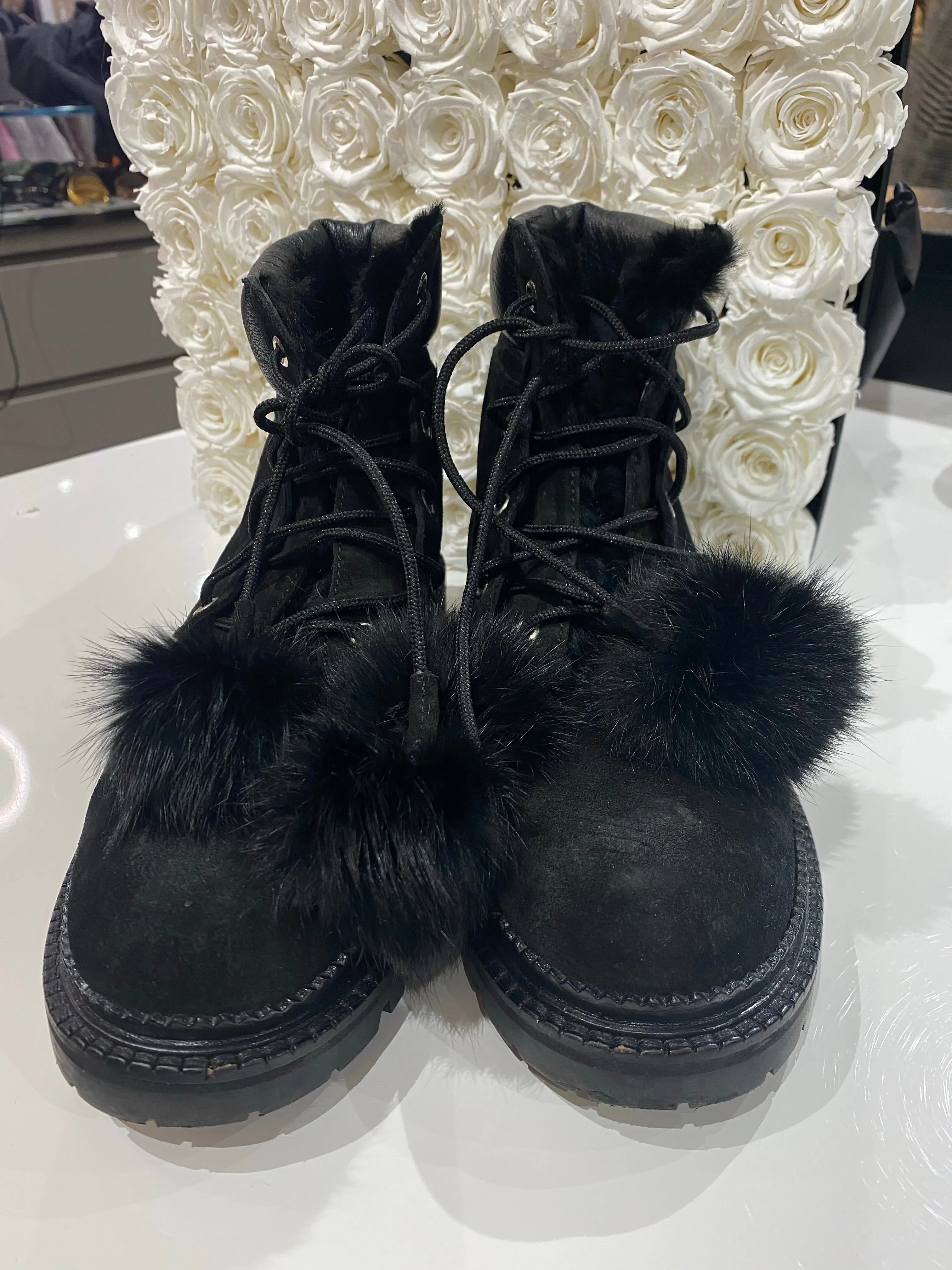 Jimmy Choo Elba Flat Suede Pom-Pom Boot