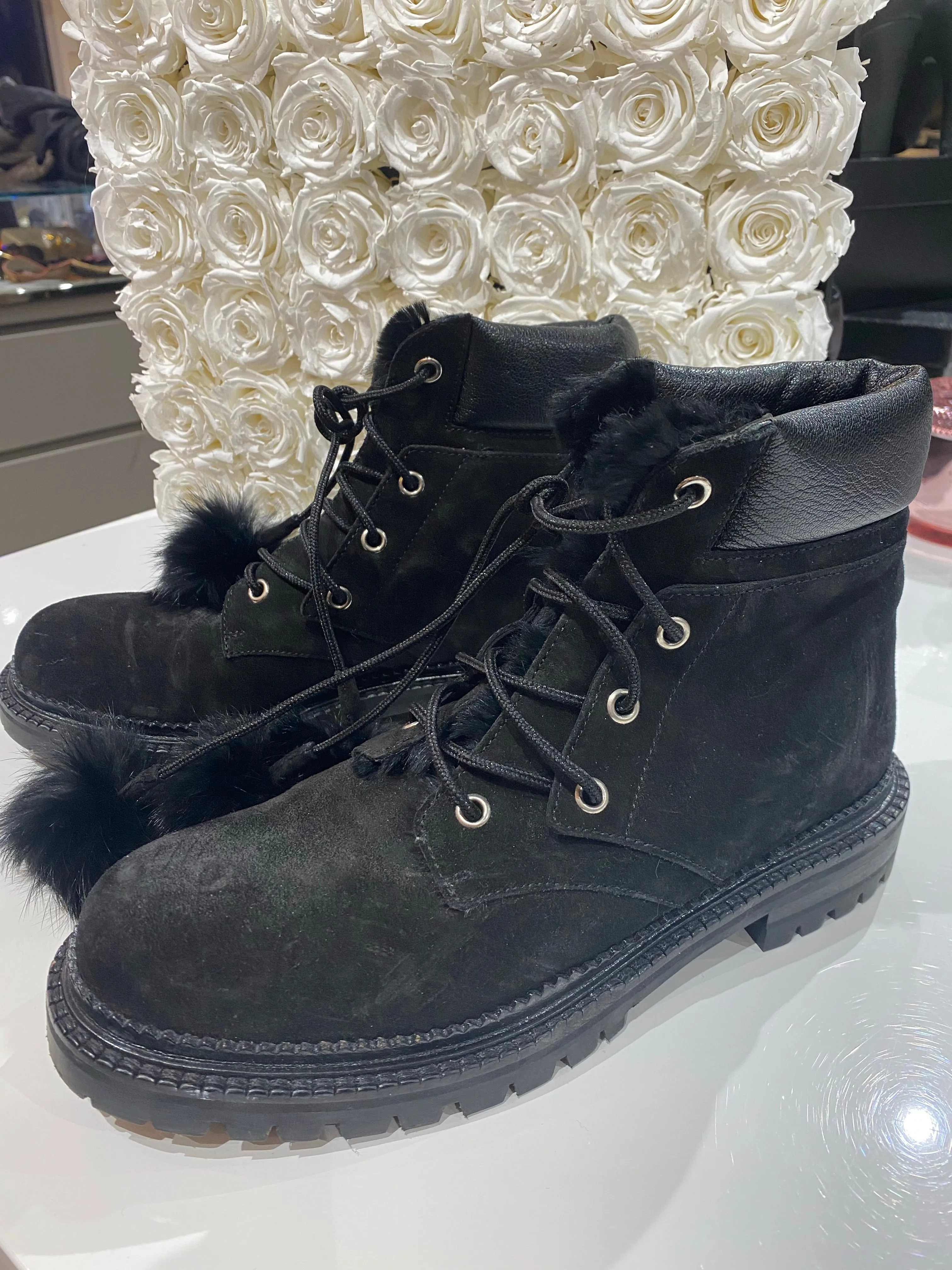 Jimmy Choo Elba Flat Suede Pom-Pom Boot