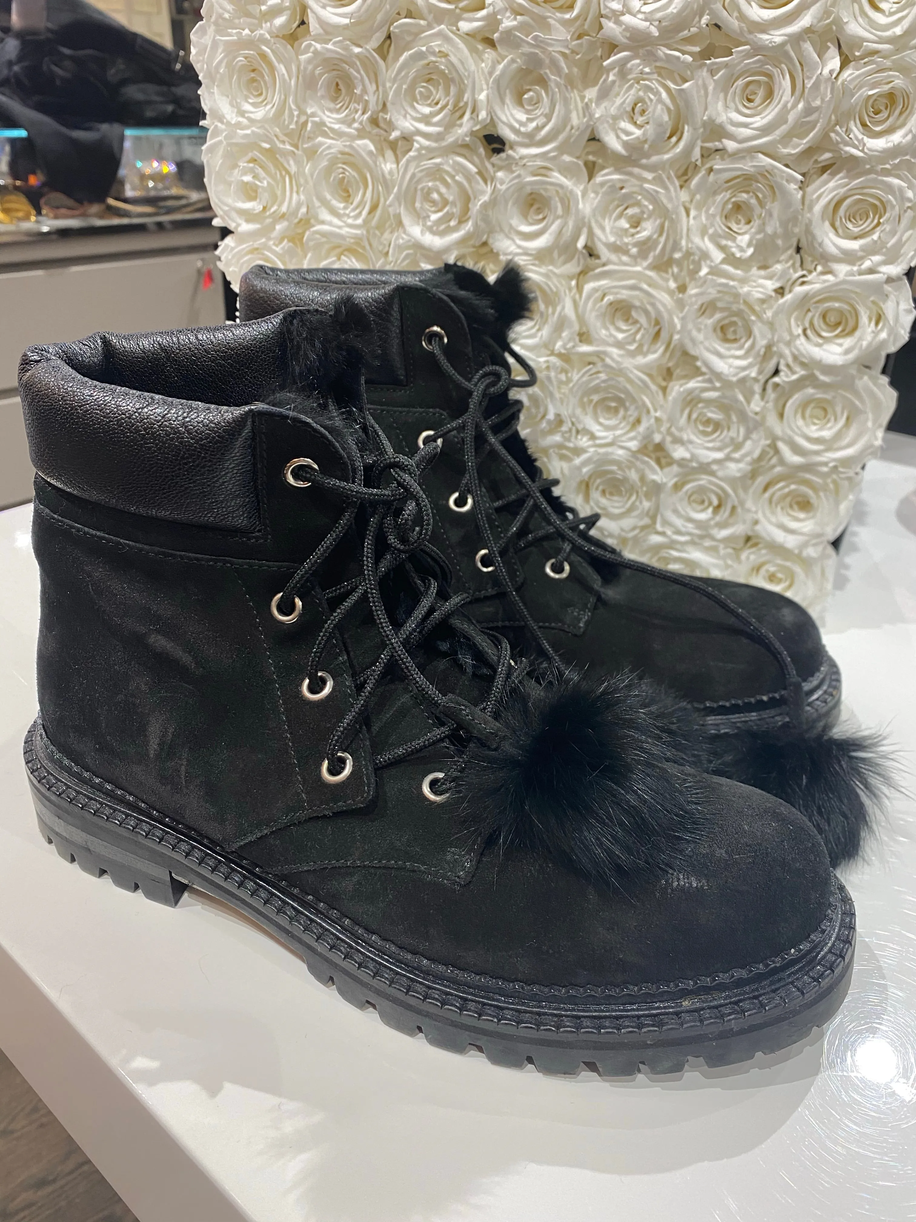 Jimmy Choo Elba Flat Suede Pom-Pom Boot