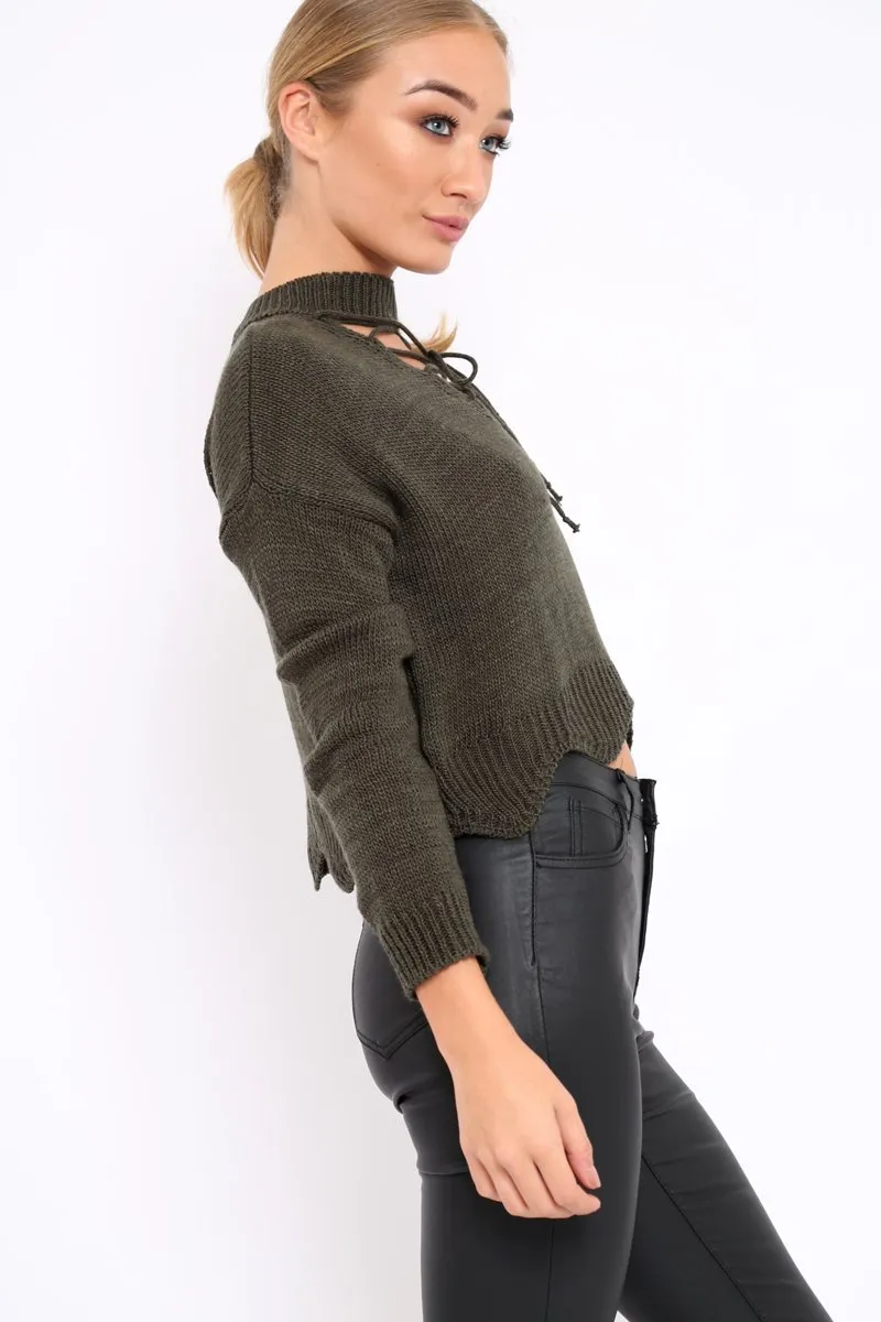 Khaki Lace up Jumper - Deena