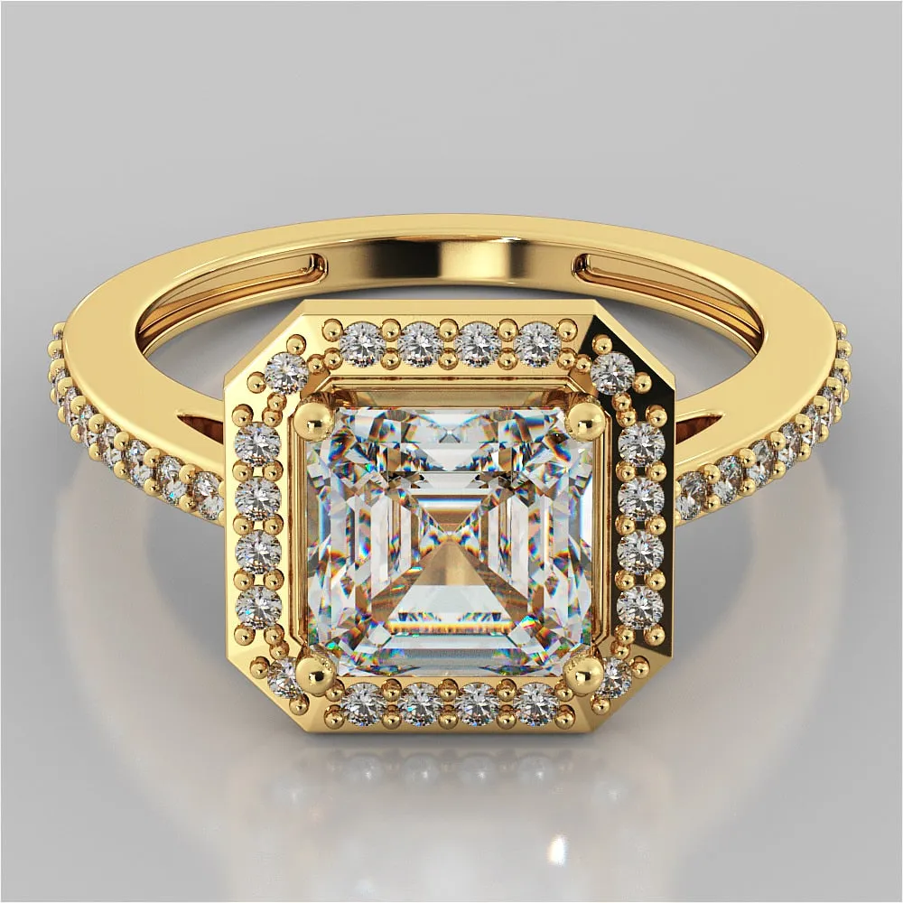 Lab Grown Diamond Asscher Cut Halo Filigree Style Engagement Ring