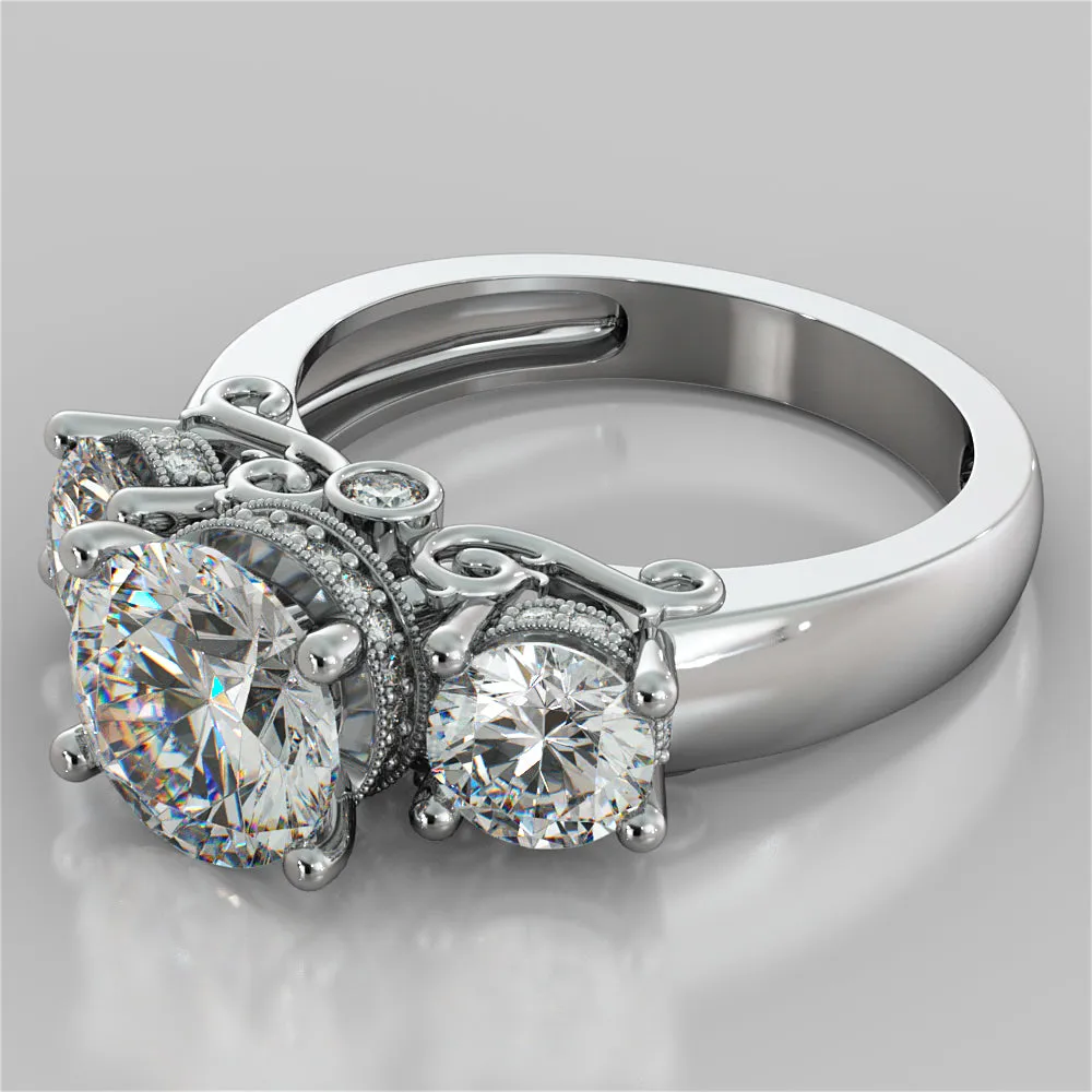 Lab Grown Diamond Round Cut Three Stone Filigree Engagement Ring with Crown Accents