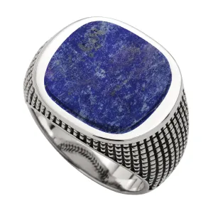 Lapis Sterling Silver Cross Etched Ring