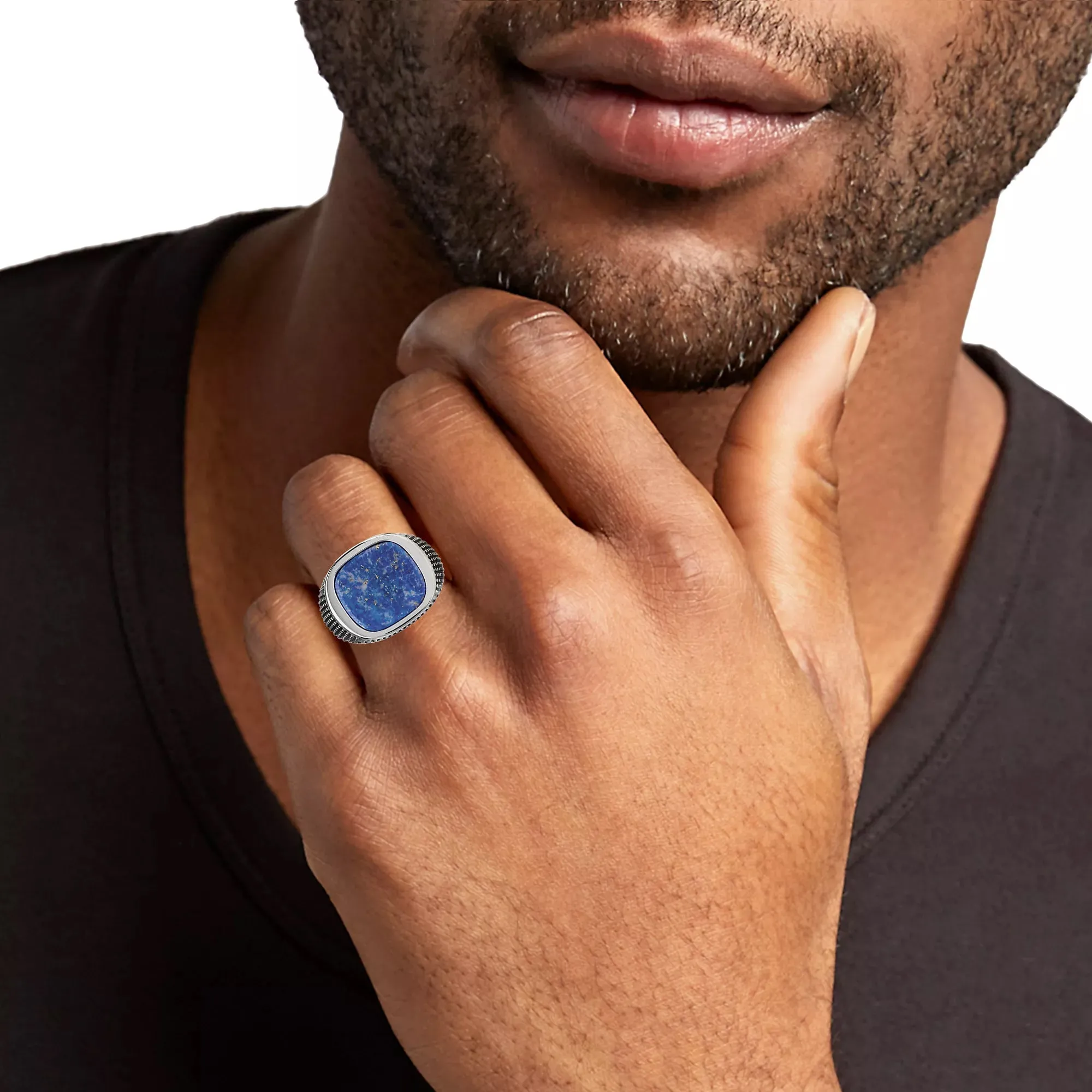Lapis Sterling Silver Cross Etched Ring