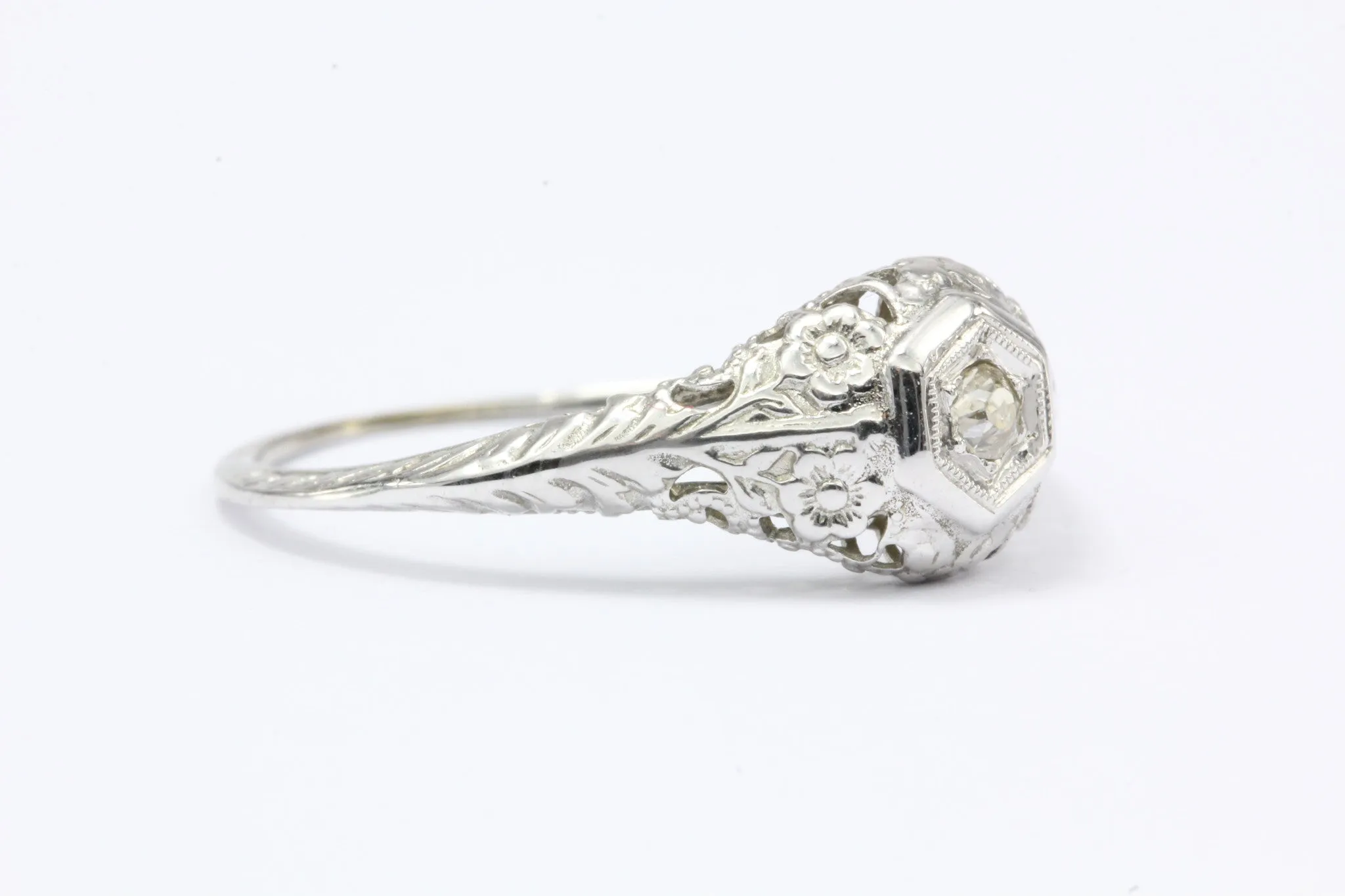 Late Edwardian 14K White Gold Old Mine Diamond Engagement Ring c.1910