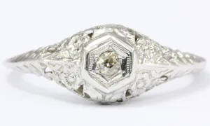 Late Edwardian 14K White Gold Old Mine Diamond Engagement Ring c.1910