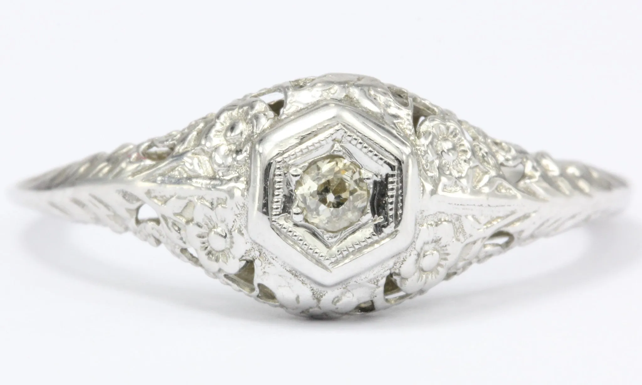 Late Edwardian 14K White Gold Old Mine Diamond Engagement Ring c.1910
