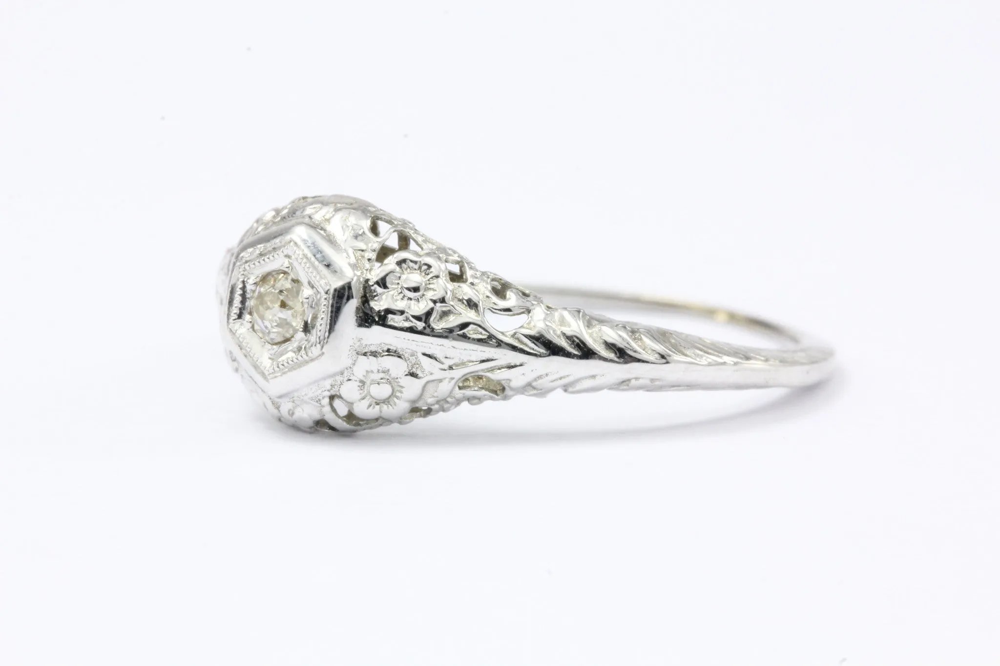 Late Edwardian 14K White Gold Old Mine Diamond Engagement Ring c.1910