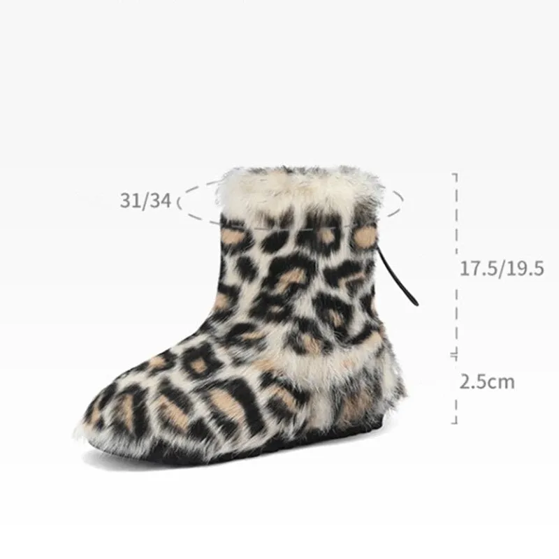 Leopard Fleece Snow Shoes Fluffy Lady's Bean Shoe Ankle Rivet Boots