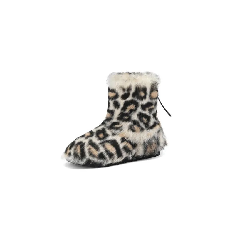 Leopard Fleece Snow Shoes Fluffy Lady's Bean Shoe Ankle Rivet Boots