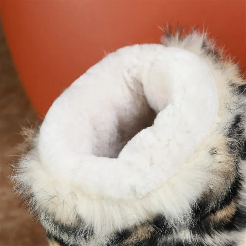 Leopard Fleece Snow Shoes Fluffy Lady's Bean Shoe Ankle Rivet Boots