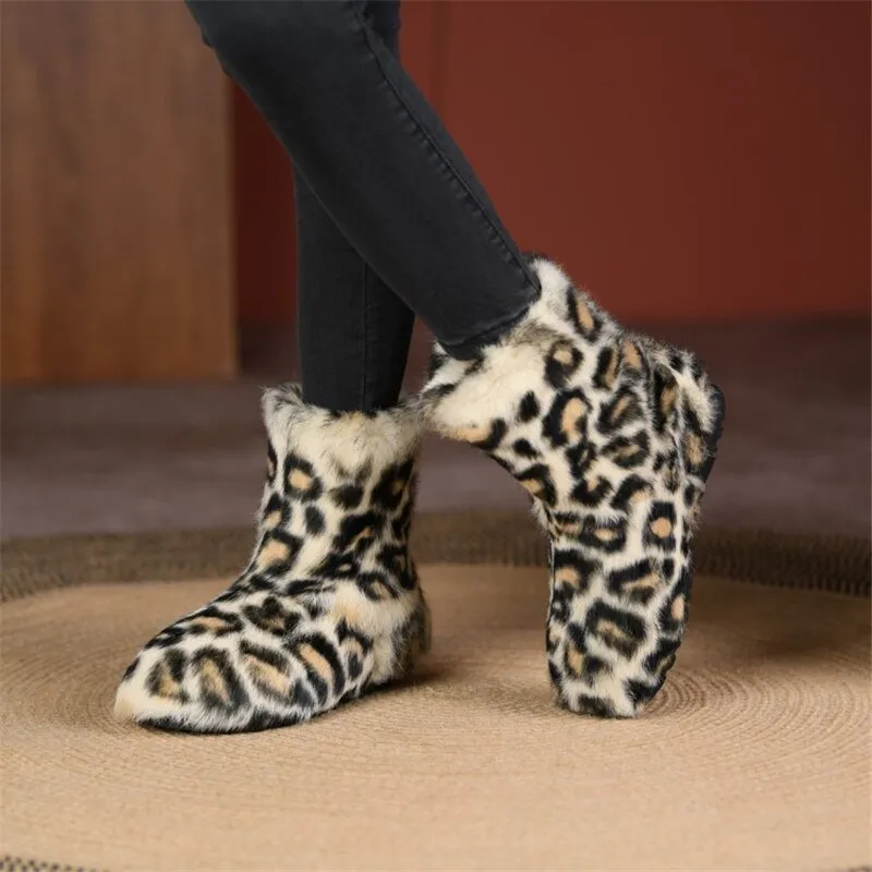 Leopard Fleece Snow Shoes Fluffy Lady's Bean Shoe Ankle Rivet Boots