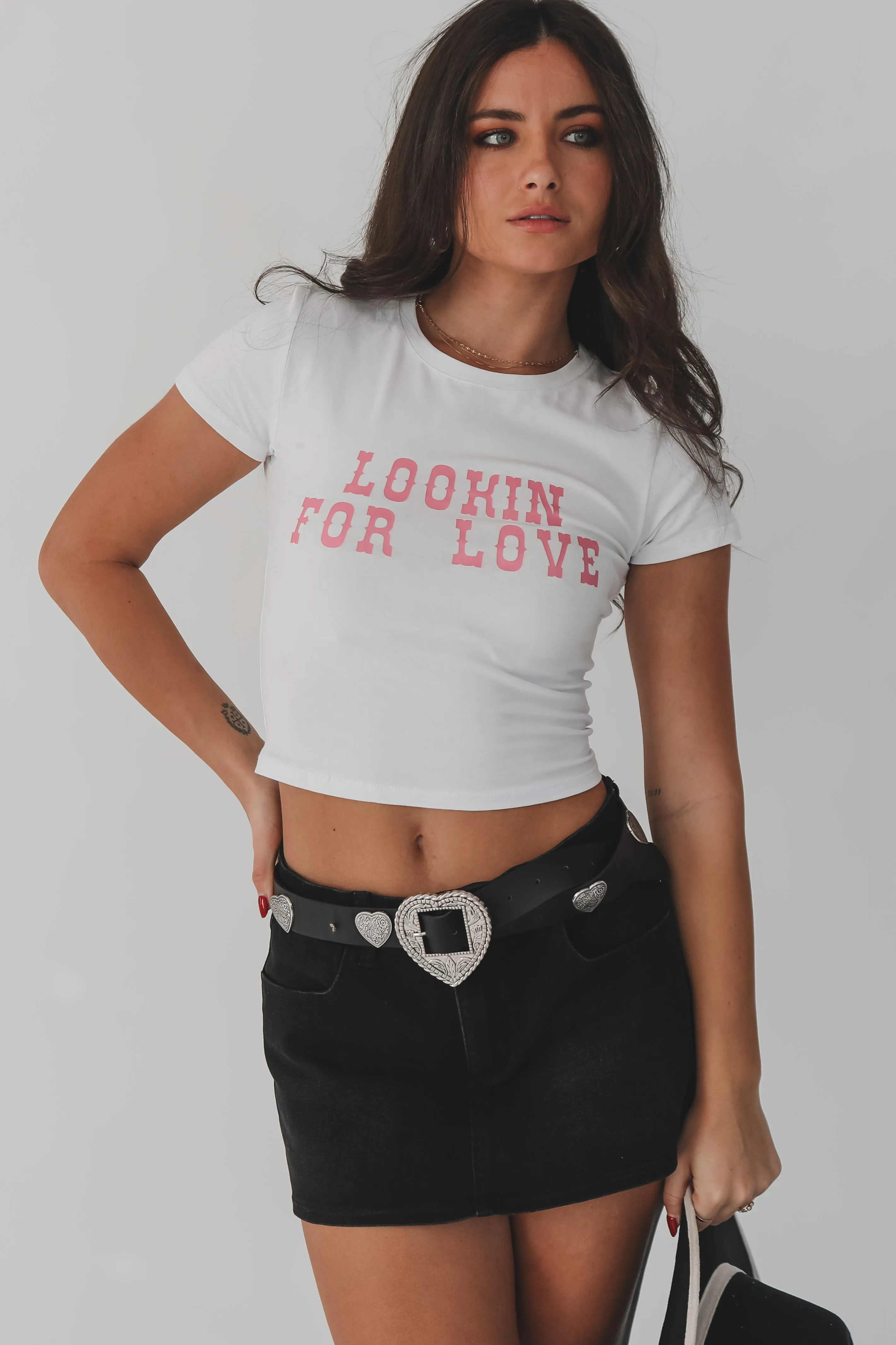 Looking For Love Graphic Western Fitted Cropped Tee