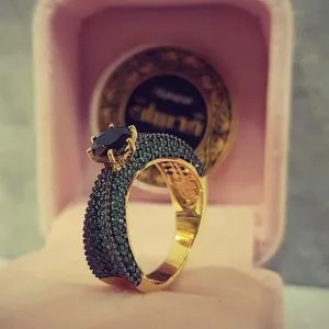 Luxury Gold Black Ring Set Women Engagement Wedding Jewelry