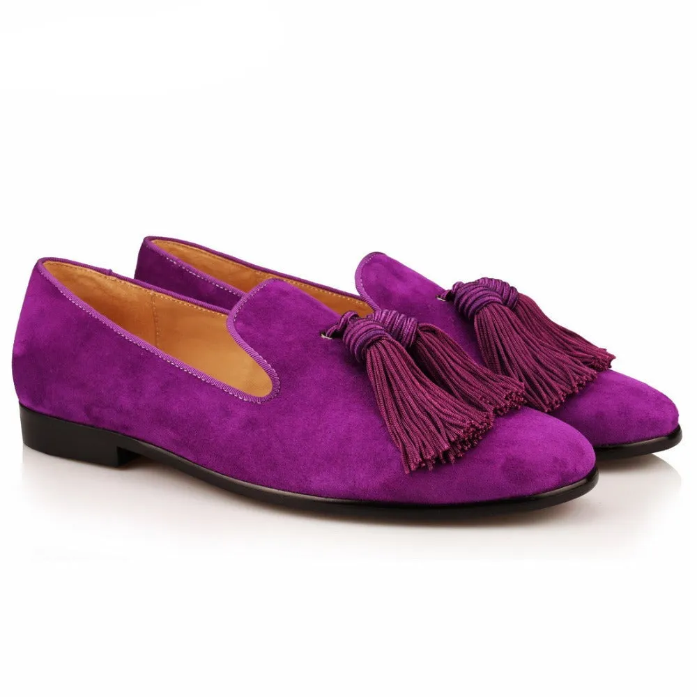 Men Handmade Shoes Purple Suede Loafers Tassels