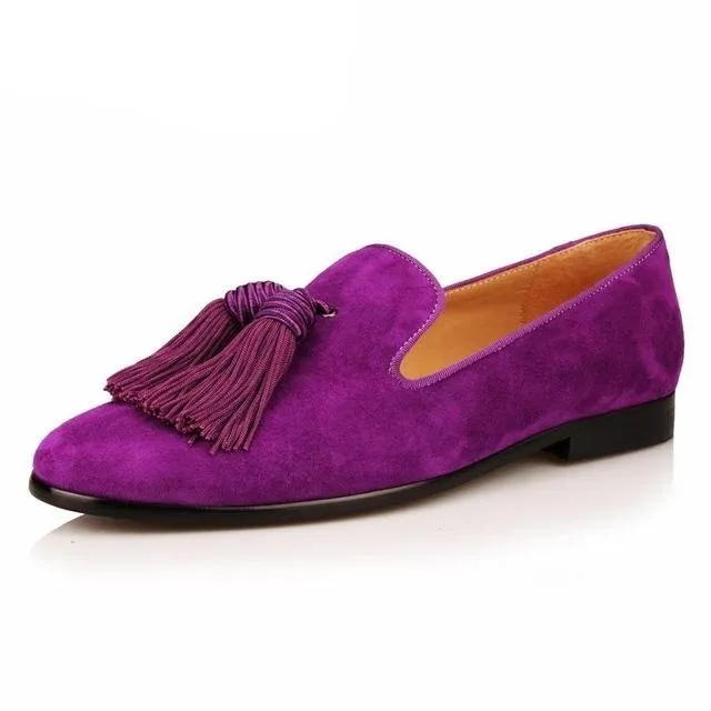 Men Handmade Shoes Purple Suede Loafers Tassels