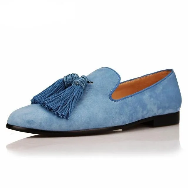 Men Handmade Shoes Purple Suede Loafers Tassels