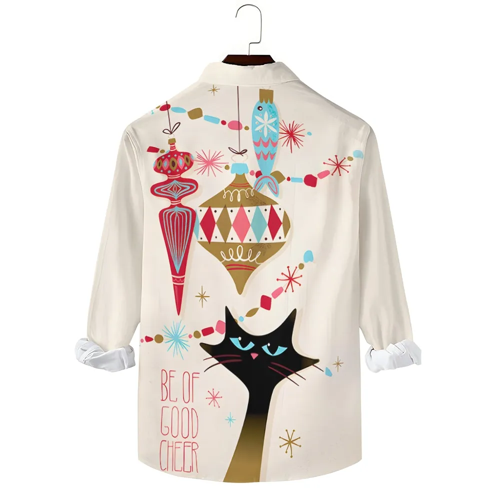Men's Casual Festive Cat Printed Long Sleeve Shirt 2312000276