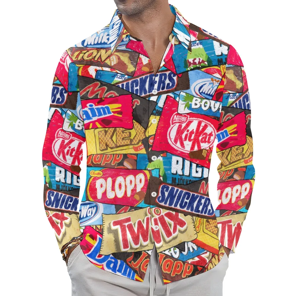 Men's Casual Snack Packaging Printed Long Sleeve Shirt 2312000290