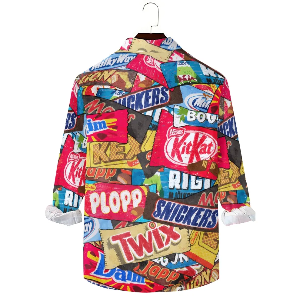Men's Casual Snack Packaging Printed Long Sleeve Shirt 2312000290