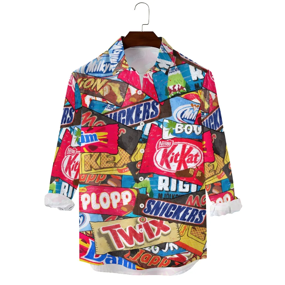 Men's Casual Snack Packaging Printed Long Sleeve Shirt 2312000290