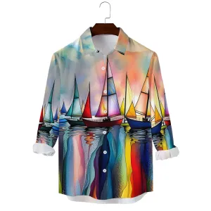 Men's Sailboat Casual Printed Long Sleeve Shirt 2408003493