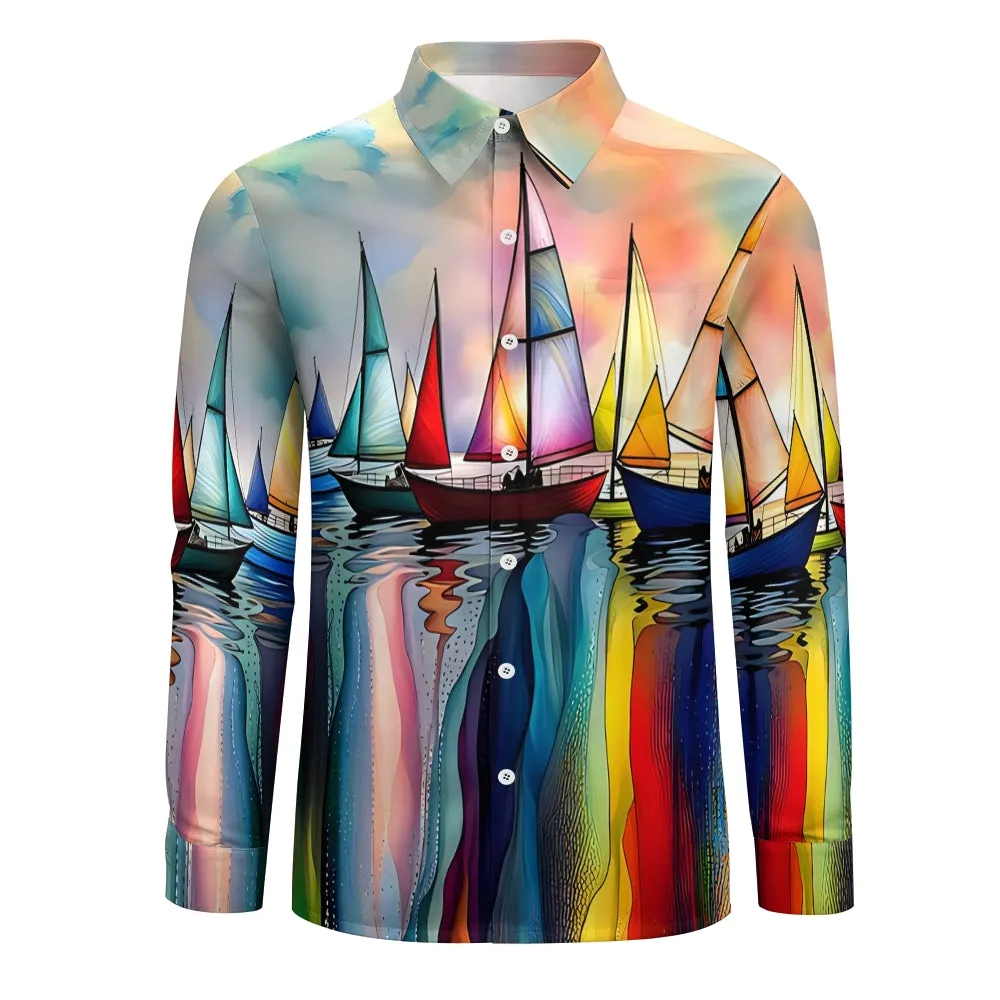 Men's Sailboat Casual Printed Long Sleeve Shirt 2408003493