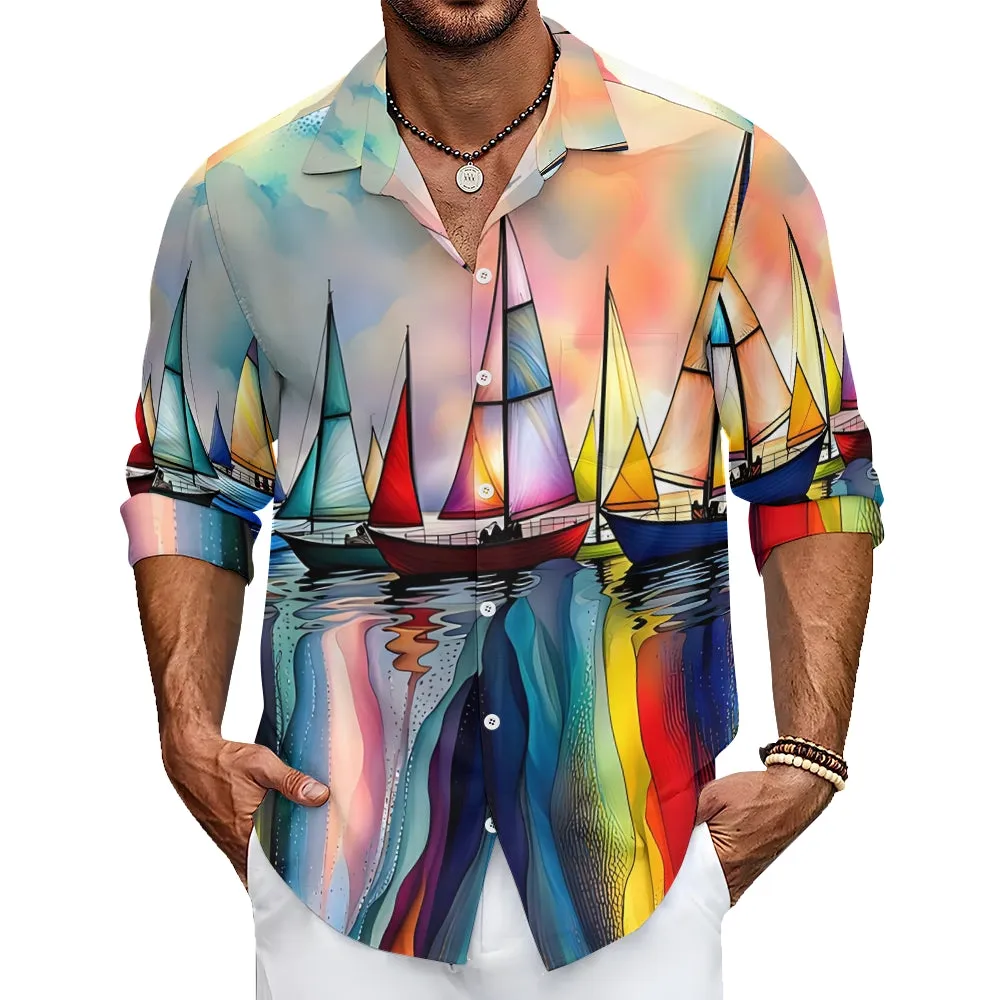 Men's Sailboat Casual Printed Long Sleeve Shirt 2408003493