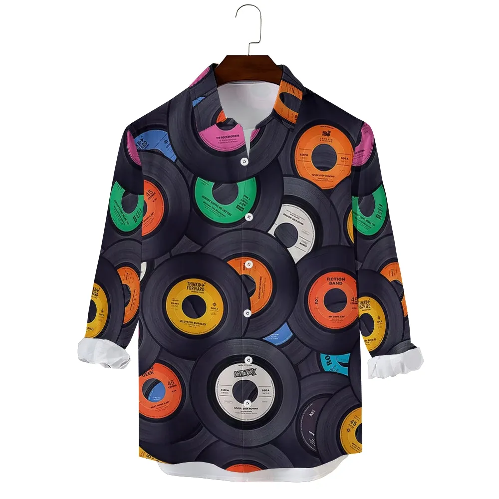 Men's Vinyl Records Casual Printed Long Sleeve Shirt 2402000112