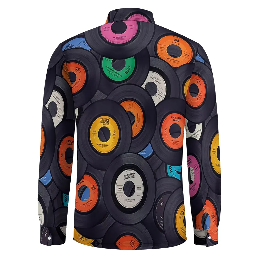 Men's Vinyl Records Casual Printed Long Sleeve Shirt 2402000112