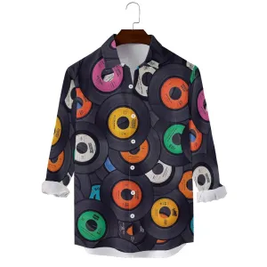 Men's Vinyl Records Casual Printed Long Sleeve Shirt 2402000112