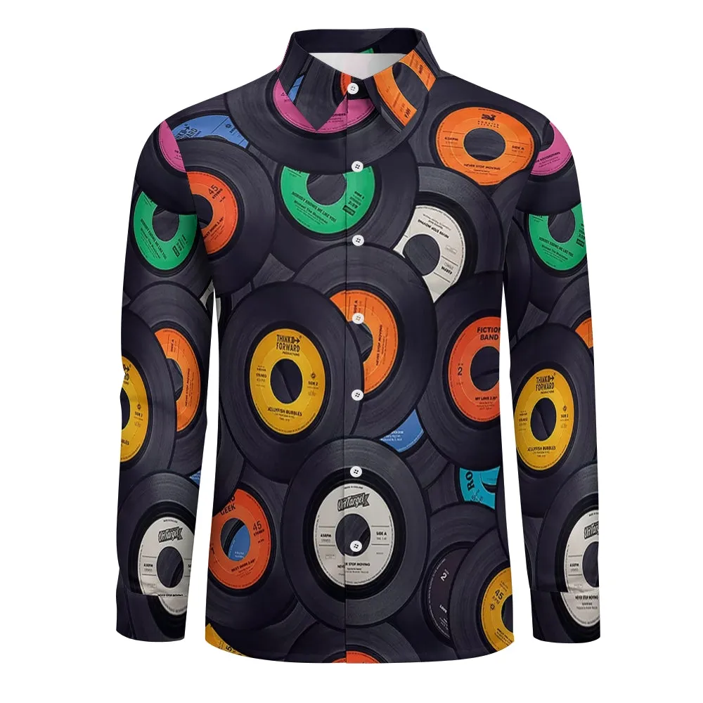 Men's Vinyl Records Casual Printed Long Sleeve Shirt 2402000112