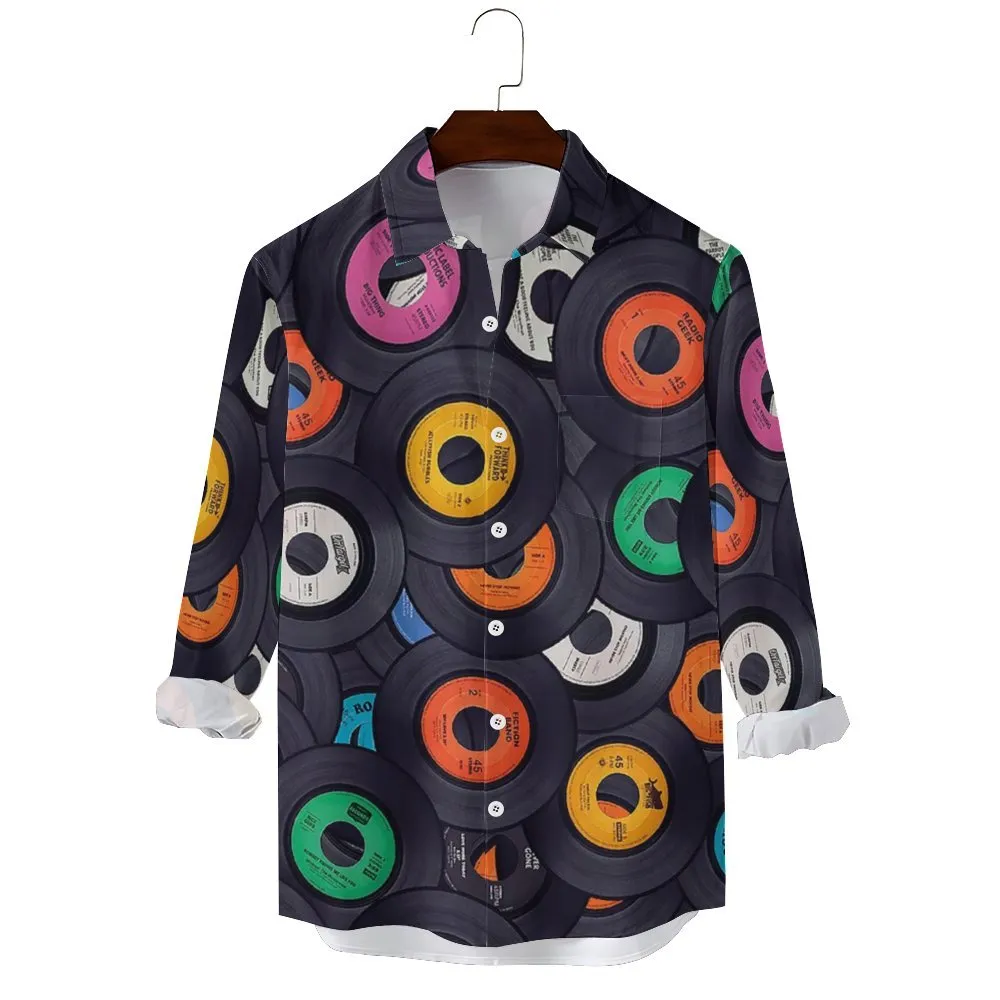 Men's Vinyl Records Casual Printed Long Sleeve Shirt 2402000112