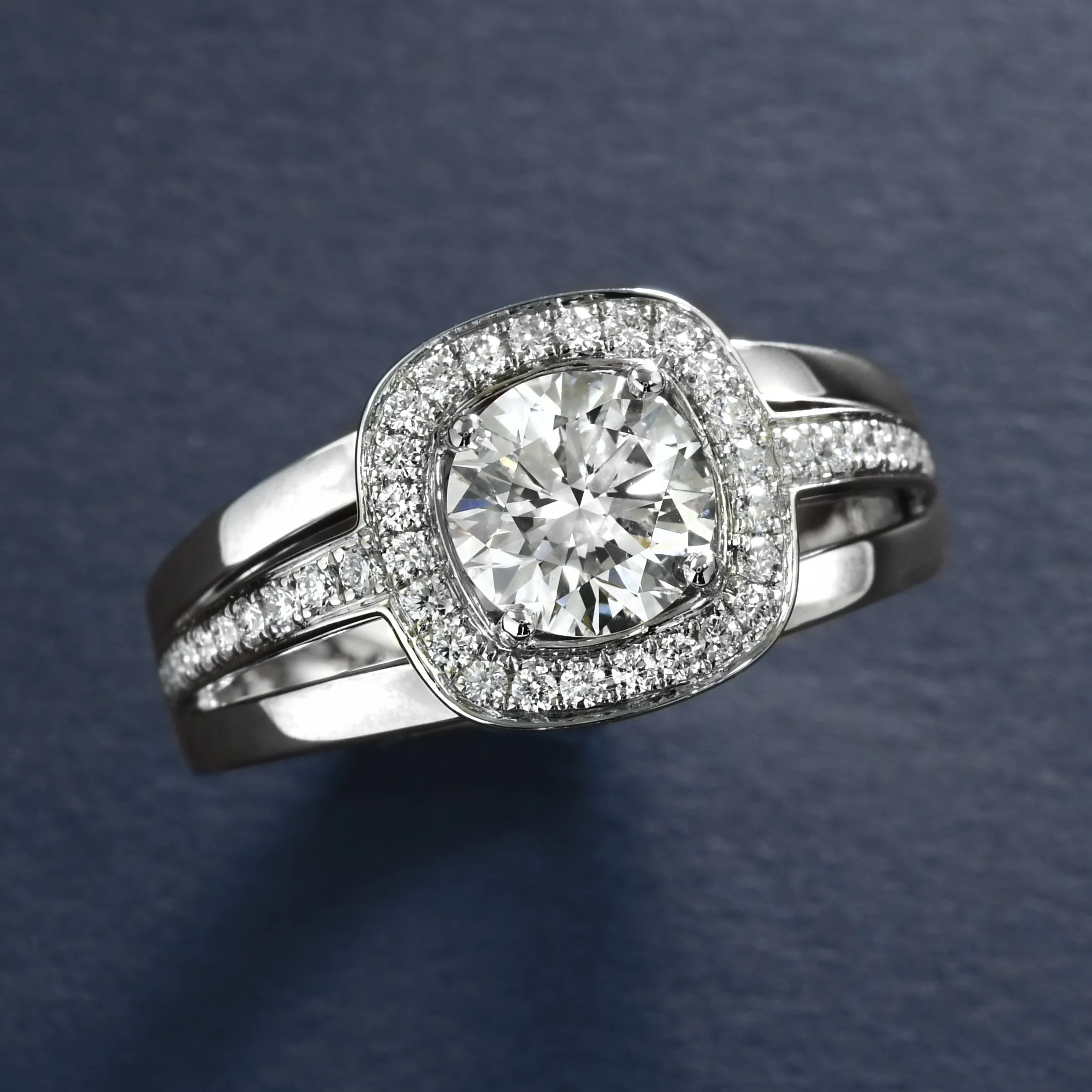 Modern Cushion Halo Diamond Ring