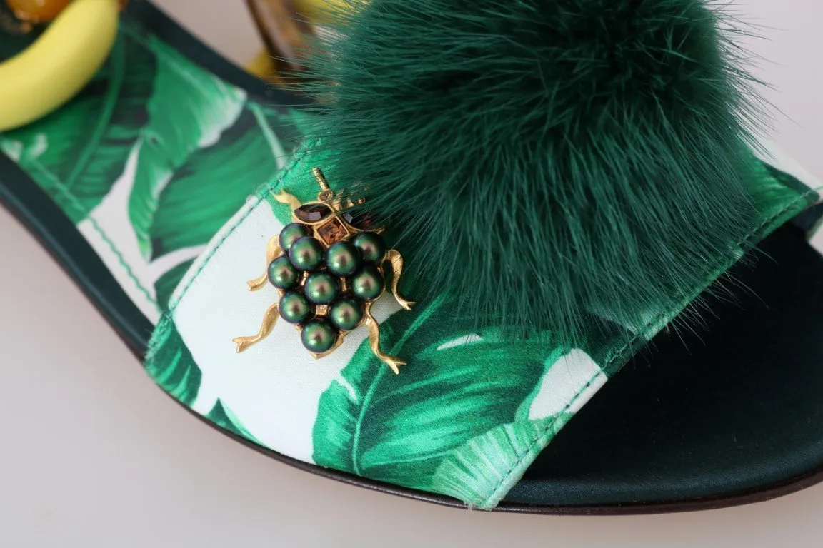 Multicolor Banana Leafs Crystal Fur Sandals