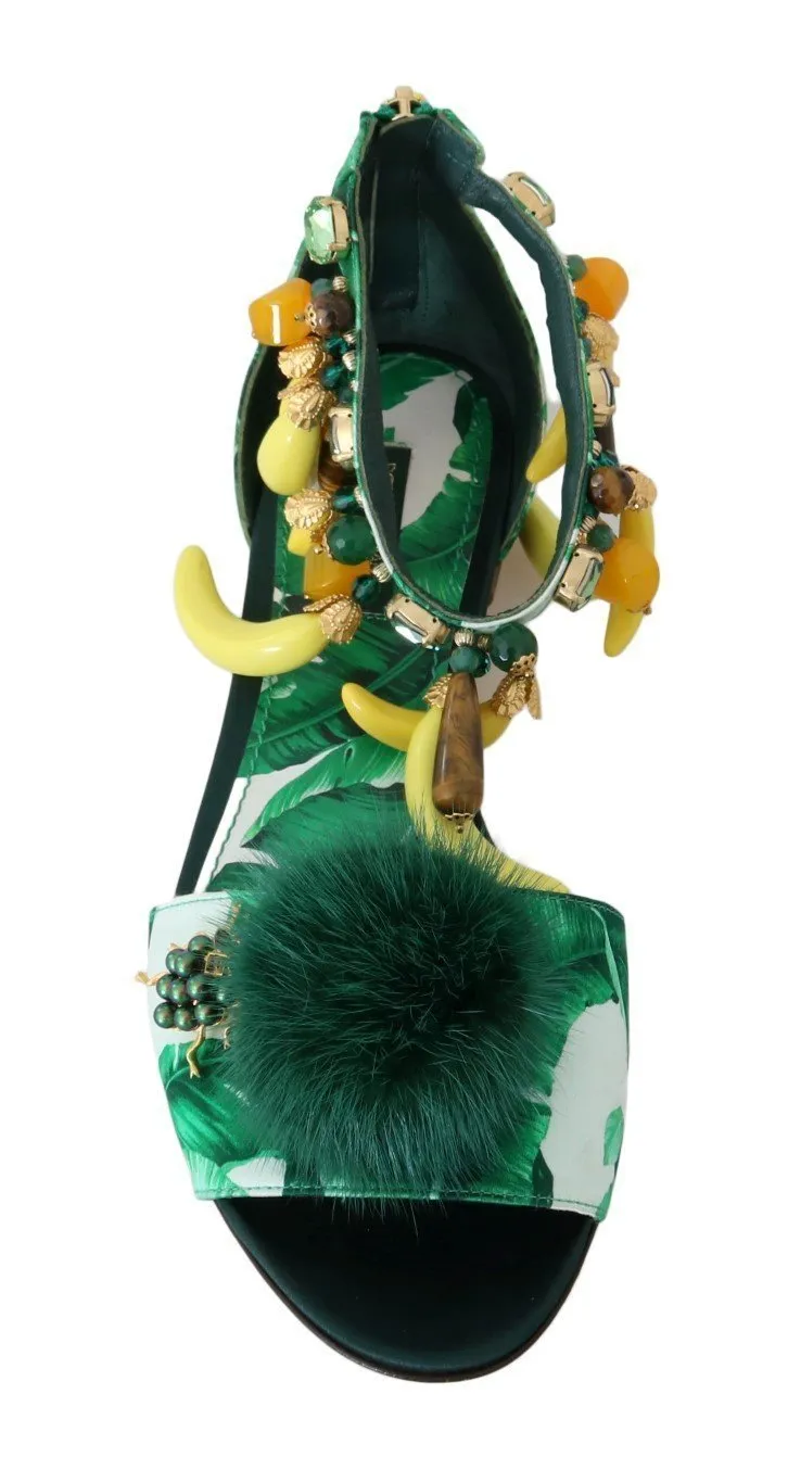 Multicolor Banana Leafs Crystal Fur Sandals
