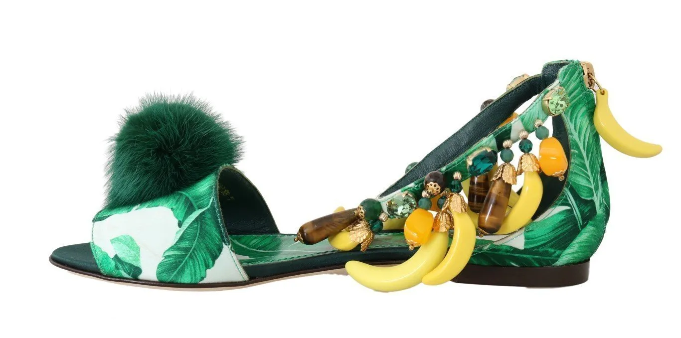 Multicolor Banana Leafs Crystal Fur Sandals