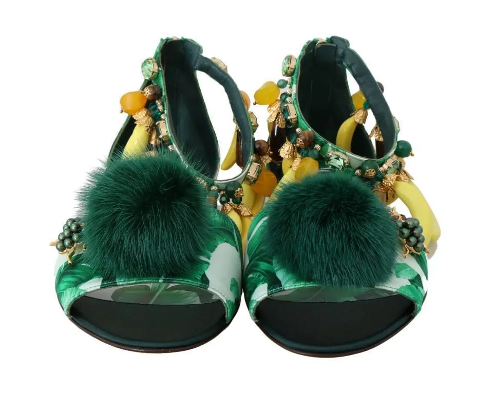 Multicolor Banana Leafs Crystal Fur Sandals